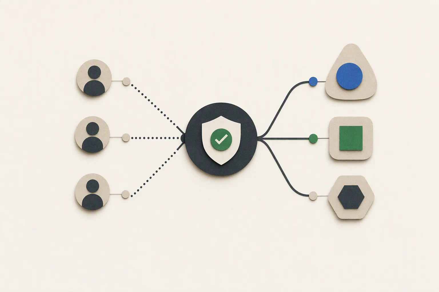 抽象示意图，展示 Claude apps gateway 通过 IAM 角色链接到独立 AWS 账号中 Bedrock 上游，以及 guardrail 强制执行层